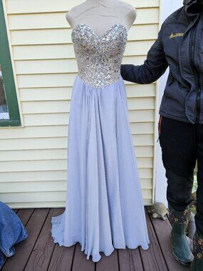 Glamour Terani Couture Light Blue Strapless Flowy Formal Gown Size 2 Rhinestones